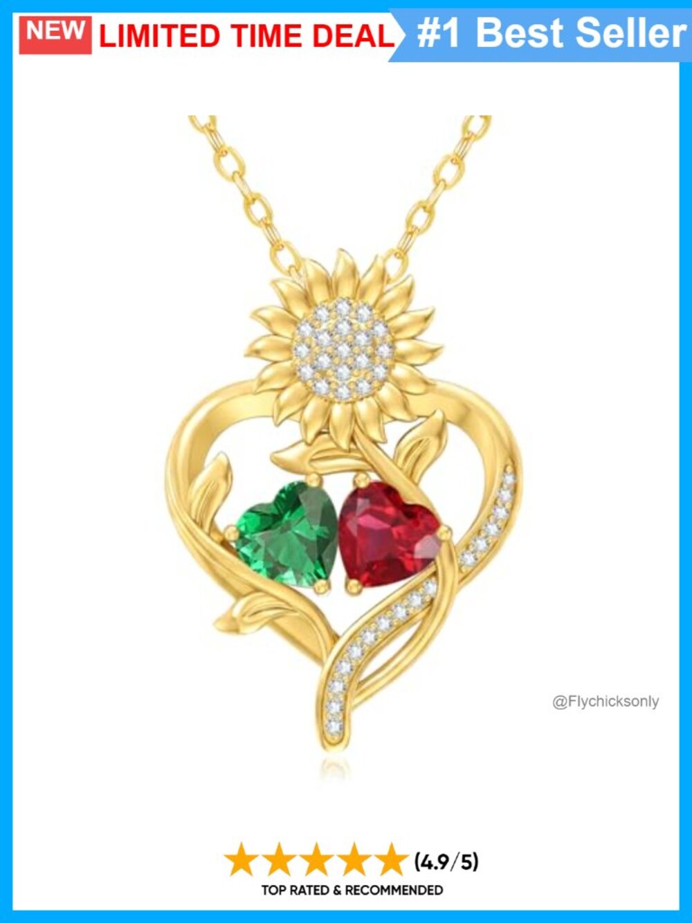 14K Gold Two Birthstone Sunflower Heart Pendant Necklace Adjustable